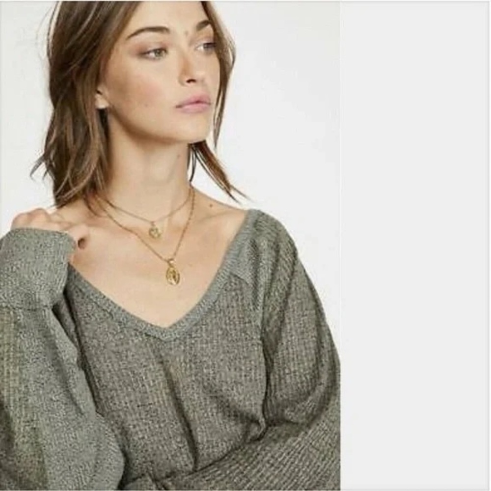 Free People Santa Clara Oversized Thermal Long Sleeve Top in Khaki Green S